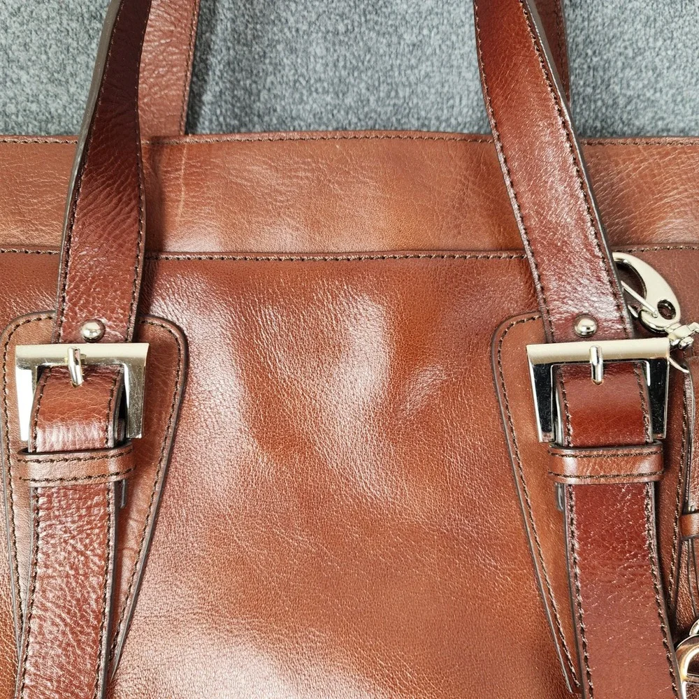 Etienne Aigner Cognac Brown Leather Tote Shoulder Bag Buckle‎ Detail 86545